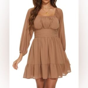 Dokotoo NWT Tan Square Neck Tie Back 3/4 Sleeve Aline Mini Dress Size Small